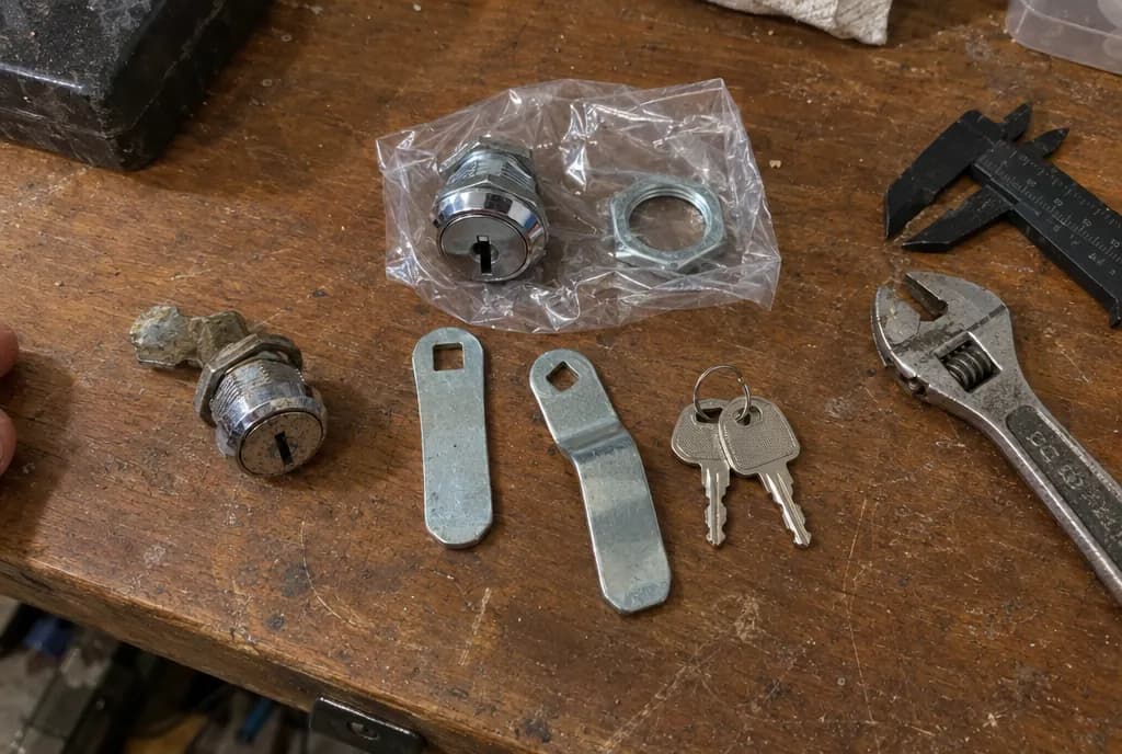 Cerradura de buzón vieja desmontada junto a un recambio con su tuerca, dos levas, una recta y otra acodada, dos llaves, un calibre y una llave inglesa